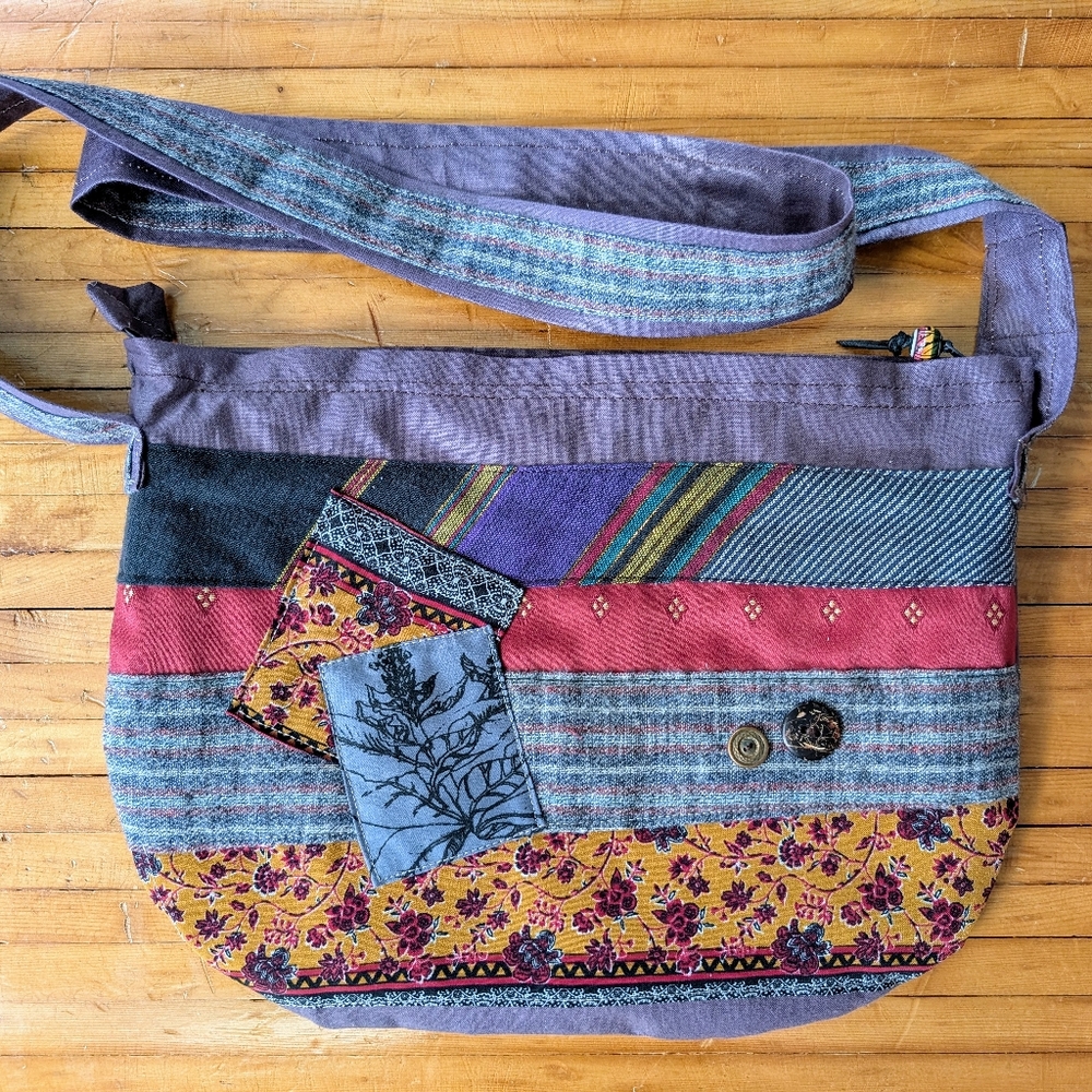 Handcrafted Boho Patchwork Shoulder Bag in Purple and Multi